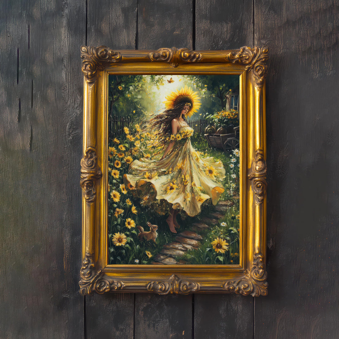 Sunflower Witch Print, Vintage Cottagecore Magical Art