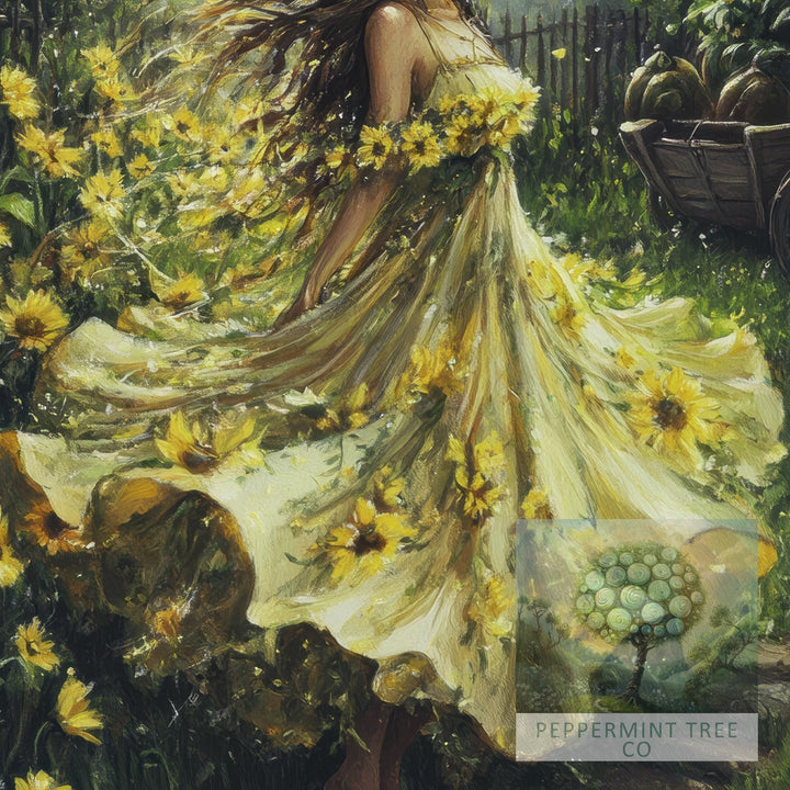 Sunflower Witch Print, Vintage Cottagecore Magical Art