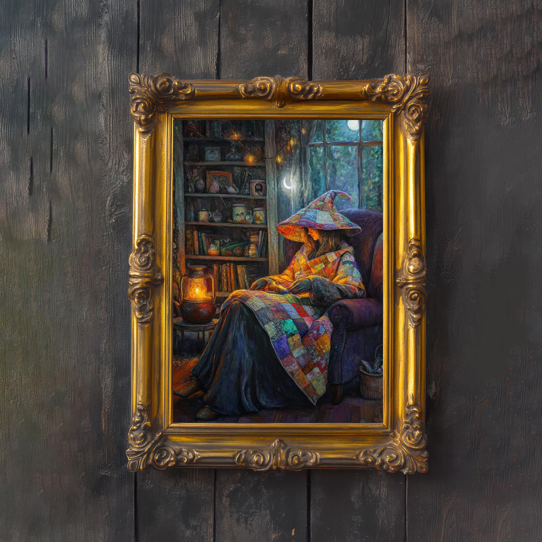 Patchwork Quilt Witch Art Print, Vintage Cottagecore Illustration