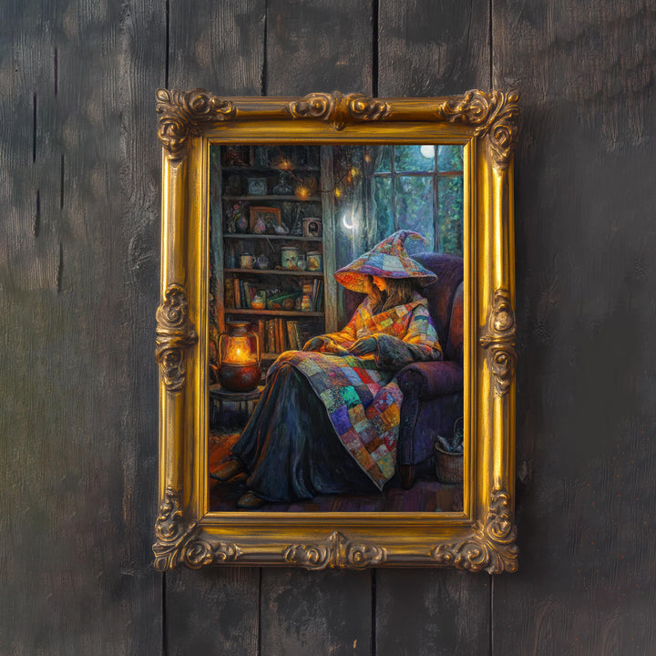 Patchwork Quilt Witch Art Print, Vintage Cottagecore Illustration