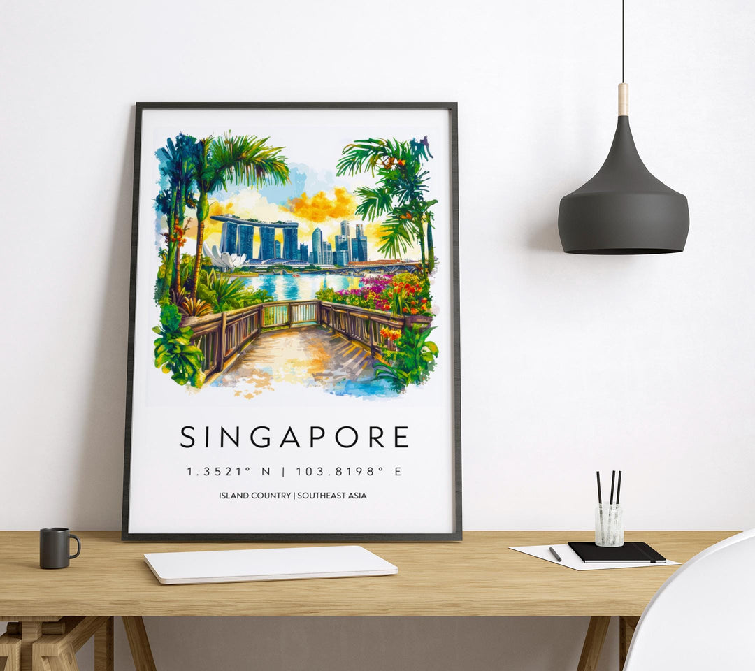 Singapore Watercolor Poster Singapore Travel Print Singapore Wall Art Cityscape Painting Singapore Souvenir Asia Decor