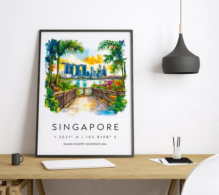 Singapore Watercolor Poster Singapore Travel Print Singapore Wall Art Cityscape Painting Singapore Souvenir Asia Decor