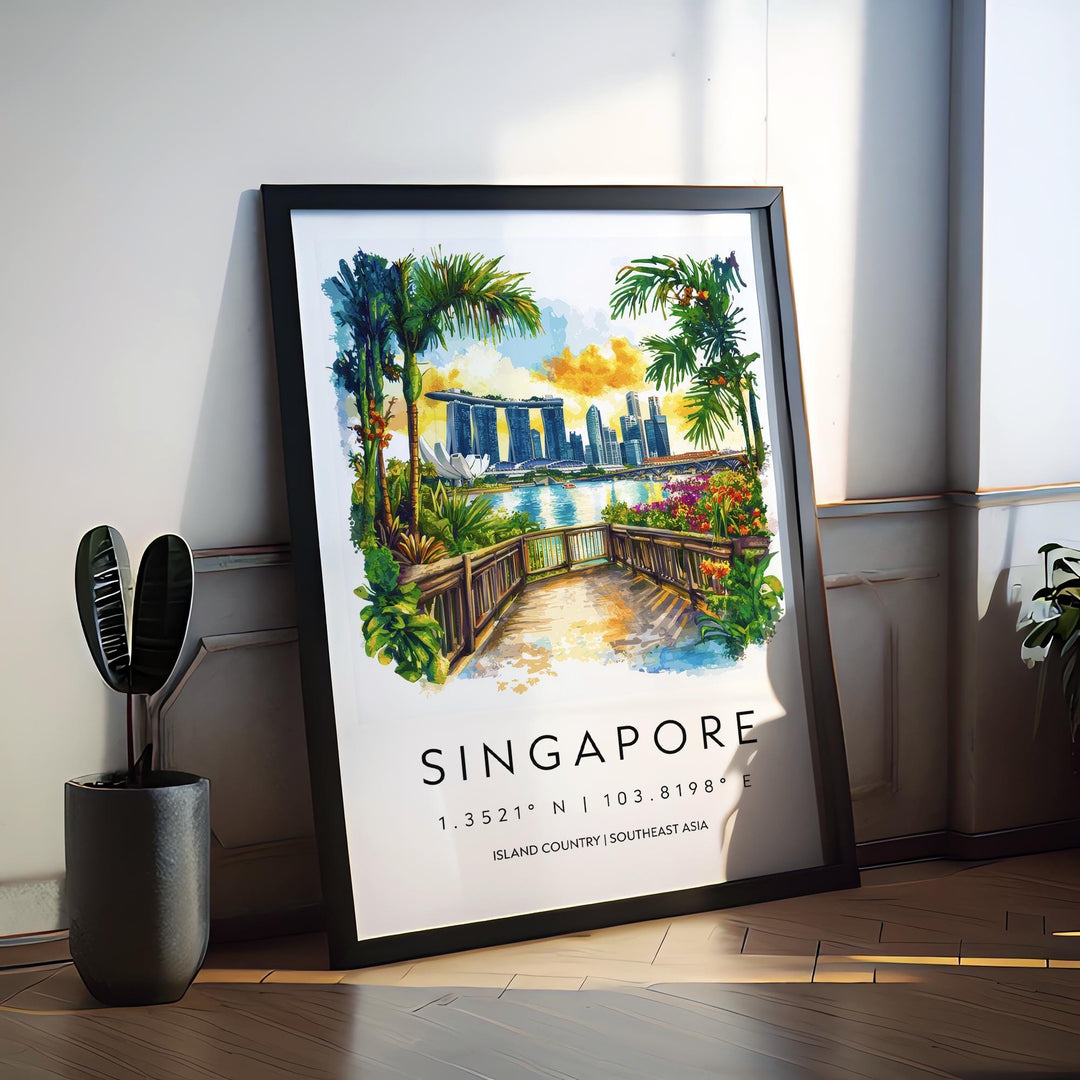 Singapore Watercolor Poster Singapore Travel Print Singapore Wall Art Cityscape Painting Singapore Souvenir Asia Decor
