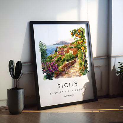 Sicily Watercolor Poster Sicily Travel Print Sicily Wall Art Sicily Landscape Painting Sicily Souvenir Italy Decor