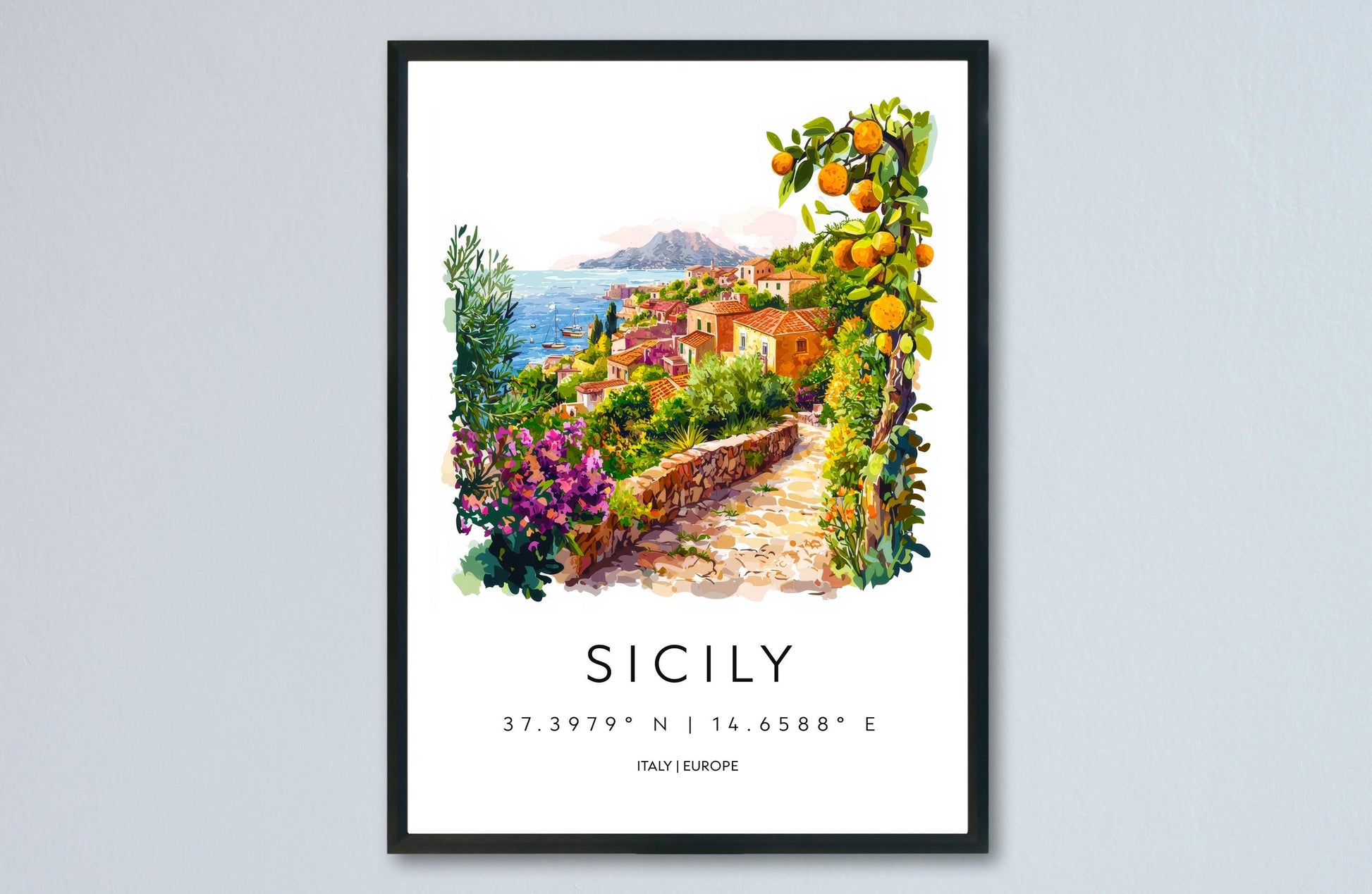 Sicily Watercolor Poster Sicily Travel Print Sicily Wall Art Sicily Landscape Painting Sicily Souvenir Italy Decor