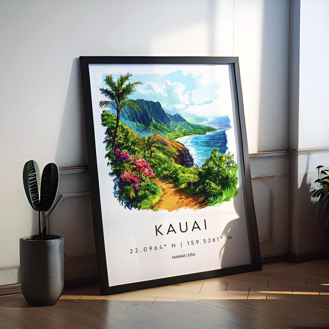 Kauai Watercolor Poster Kauai Travel Print Kauai Wall Art Hawaii Island Painting Kauai Souvenir Tropical Decor
