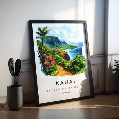 Kauai Watercolor Poster Kauai Travel Print Kauai Wall Art Hawaii Island Painting Kauai Souvenir Tropical Decor