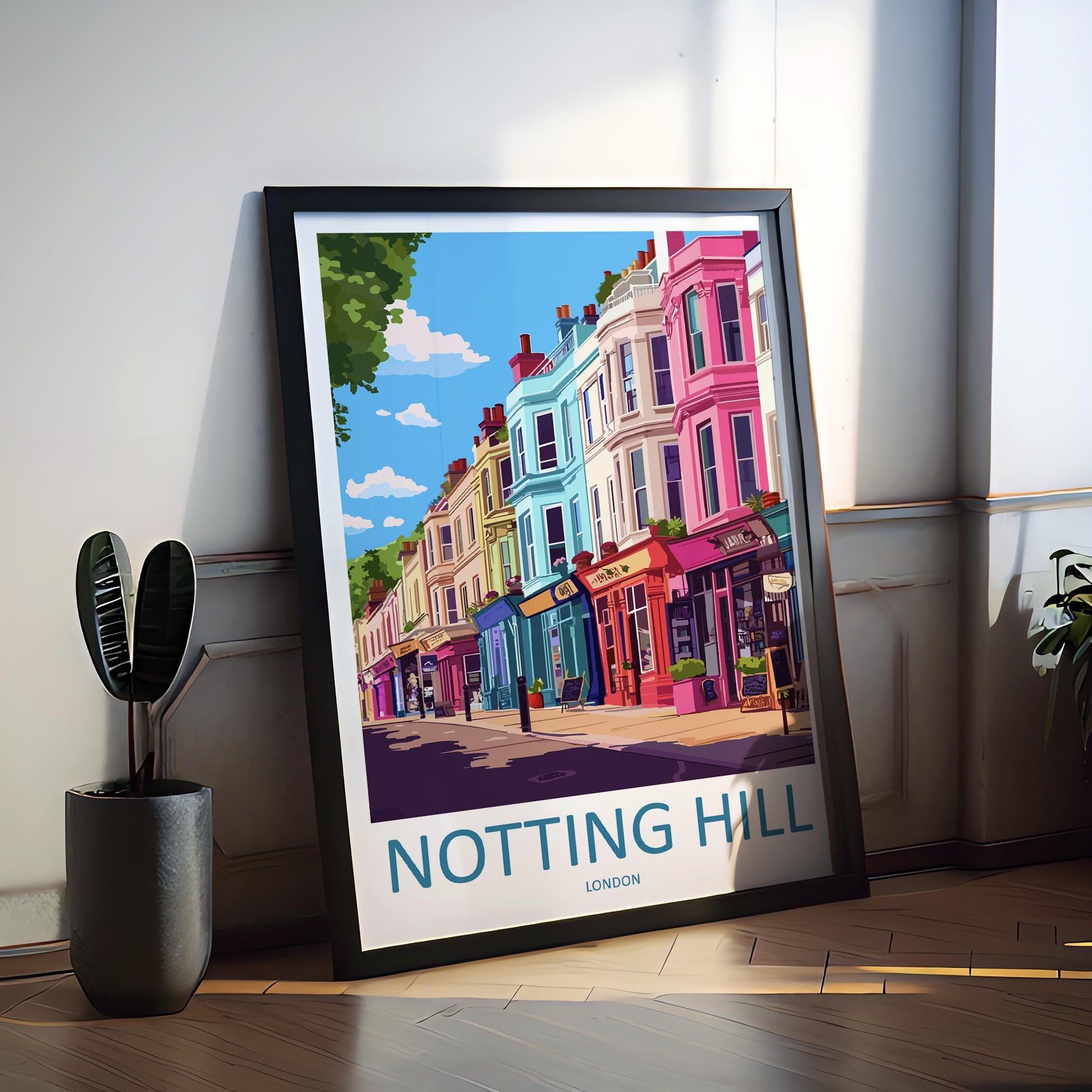Notting Hill Travel Poster London Wall Art Colourful Street Print West London View Illustration Urban Decor Notting Hill Gift Scene