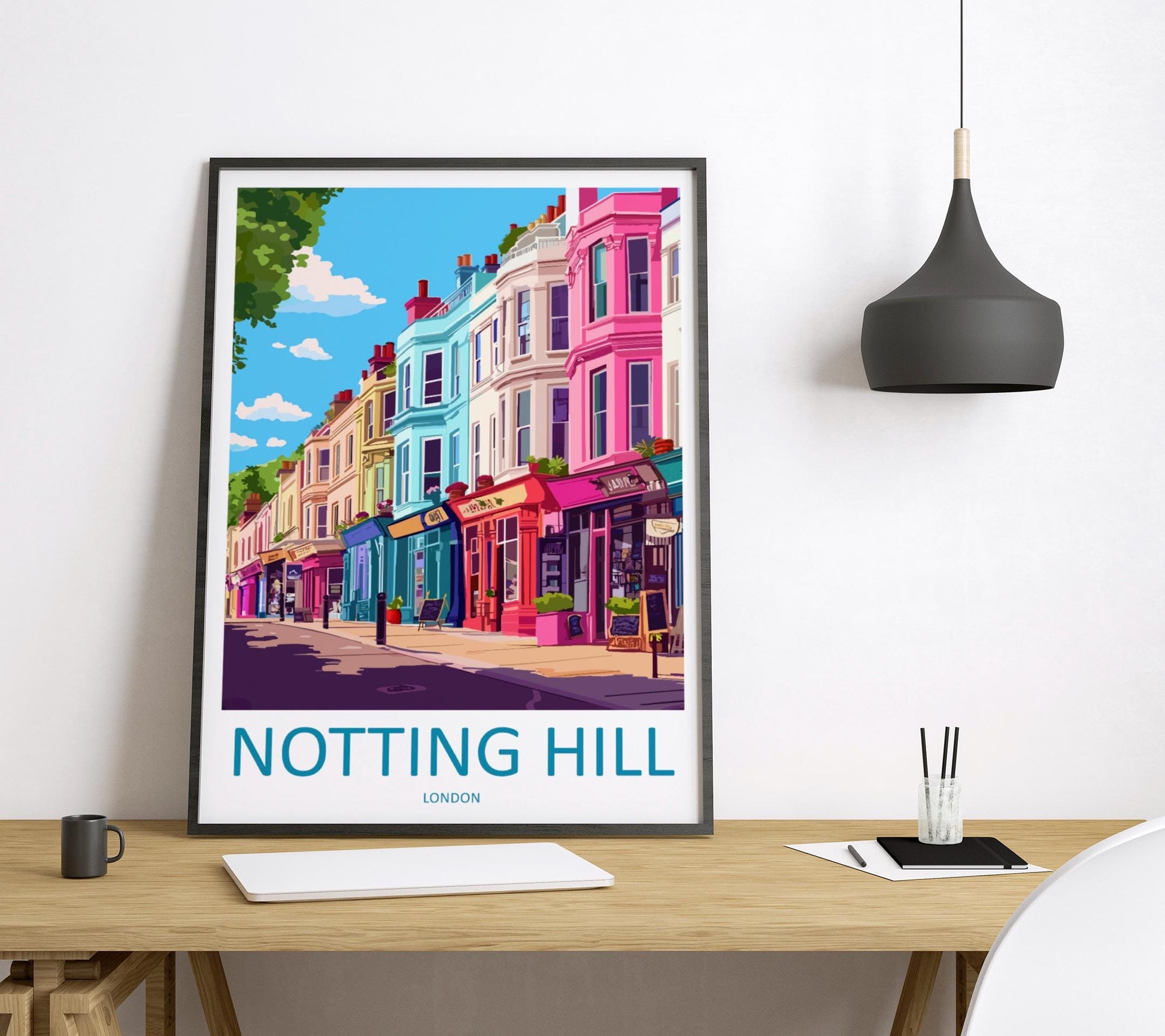 Notting Hill Travel Poster London Wall Art Colourful Street Print West London View Illustration Urban Decor Notting Hill Gift Scene