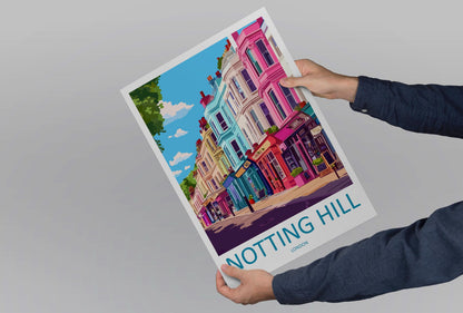 Notting Hill Travel Poster London Wall Art Colourful Street Print West London View Illustration Urban Decor Notting Hill Gift Scene