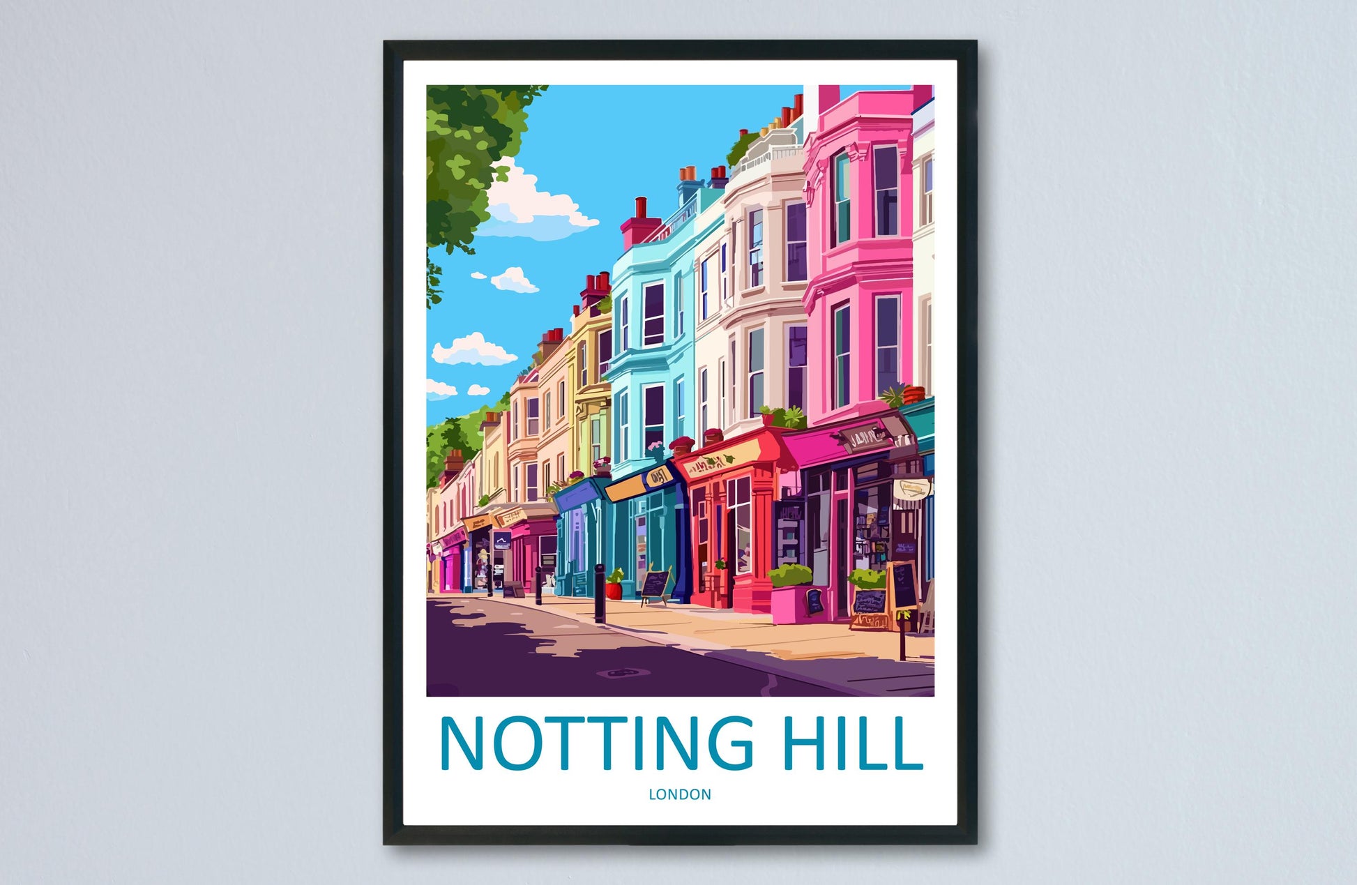 Notting Hill Travel Poster London Wall Art Colourful Street Print West London View Illustration Urban Decor Notting Hill Gift Scene