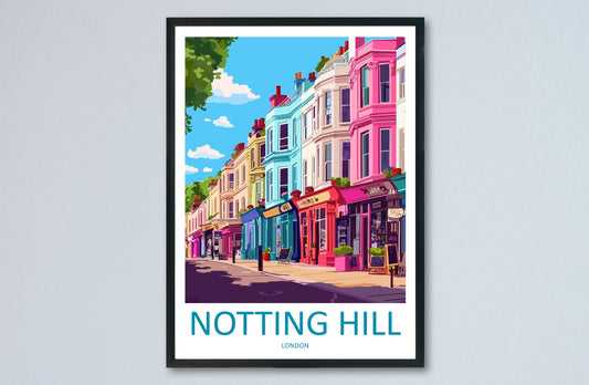 Notting Hill Travel Poster London Wall Art Colourful Street Print West London View Illustration Urban Decor Notting Hill Gift Scene