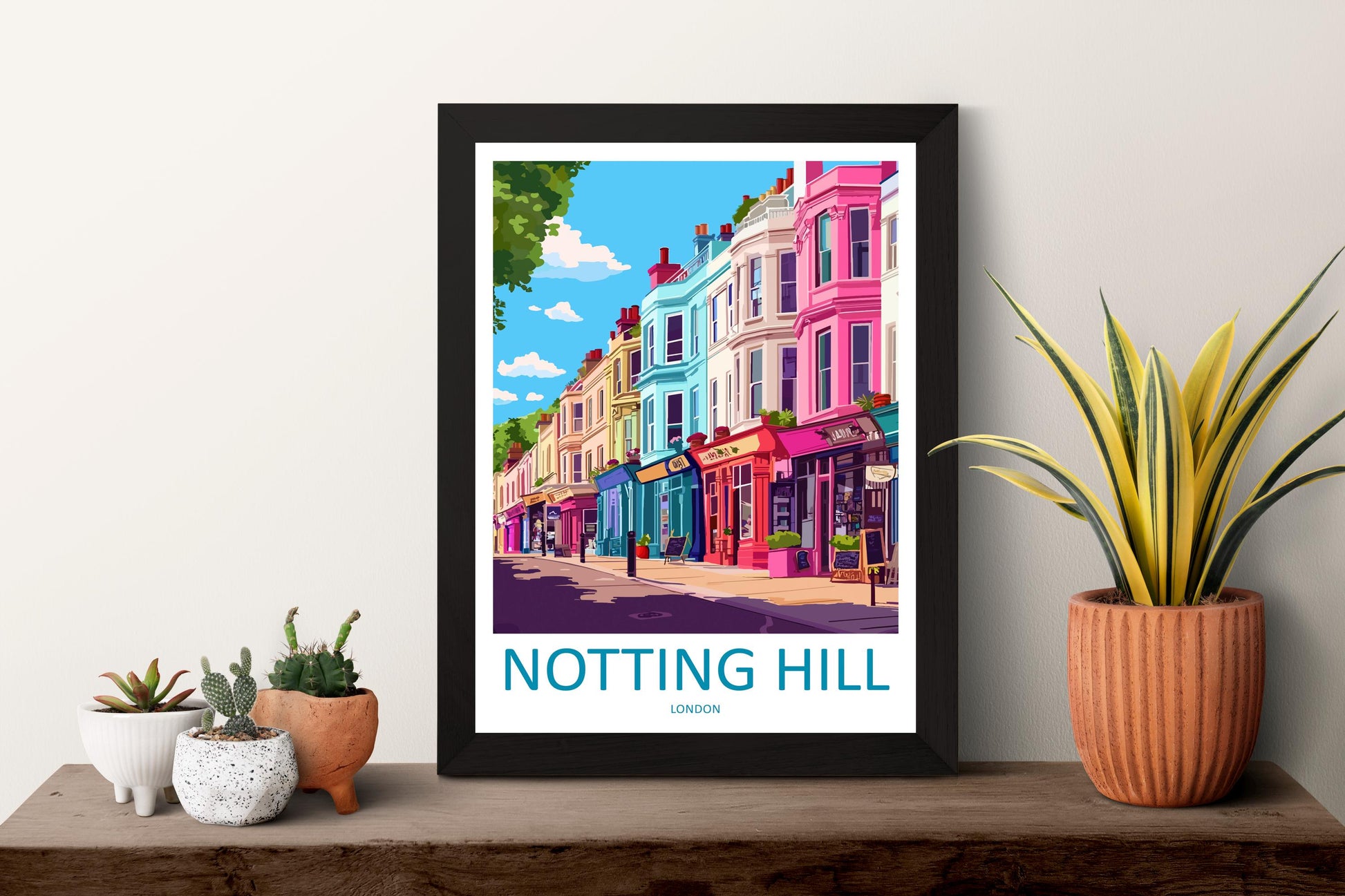 Notting Hill Travel Poster London Wall Art Colourful Street Print West London View Illustration Urban Decor Notting Hill Gift Scene