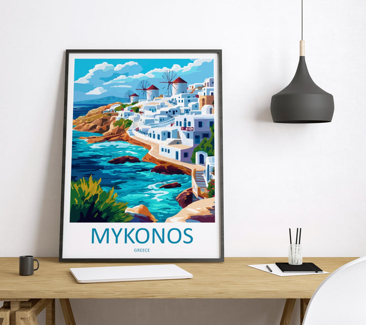 Mykonos Travel Poster Greece Wall Art Island View Print Windmill Scene Illustration Coastal Decor Mykonos Gift Souvenir Cyclades Art