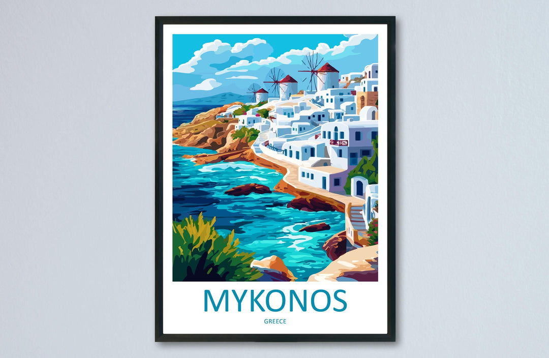 Mykonos Travel Poster Greece Wall Art Island View Print Windmill Scene Illustration Coastal Decor Mykonos Gift Souvenir Cyclades Art