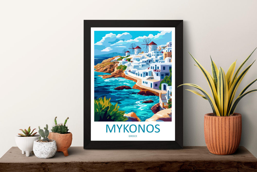 Mykonos Travel Poster Greece Wall Art Island View Print Windmill Scene Illustration Coastal Decor Mykonos Gift Souvenir Cyclades Art