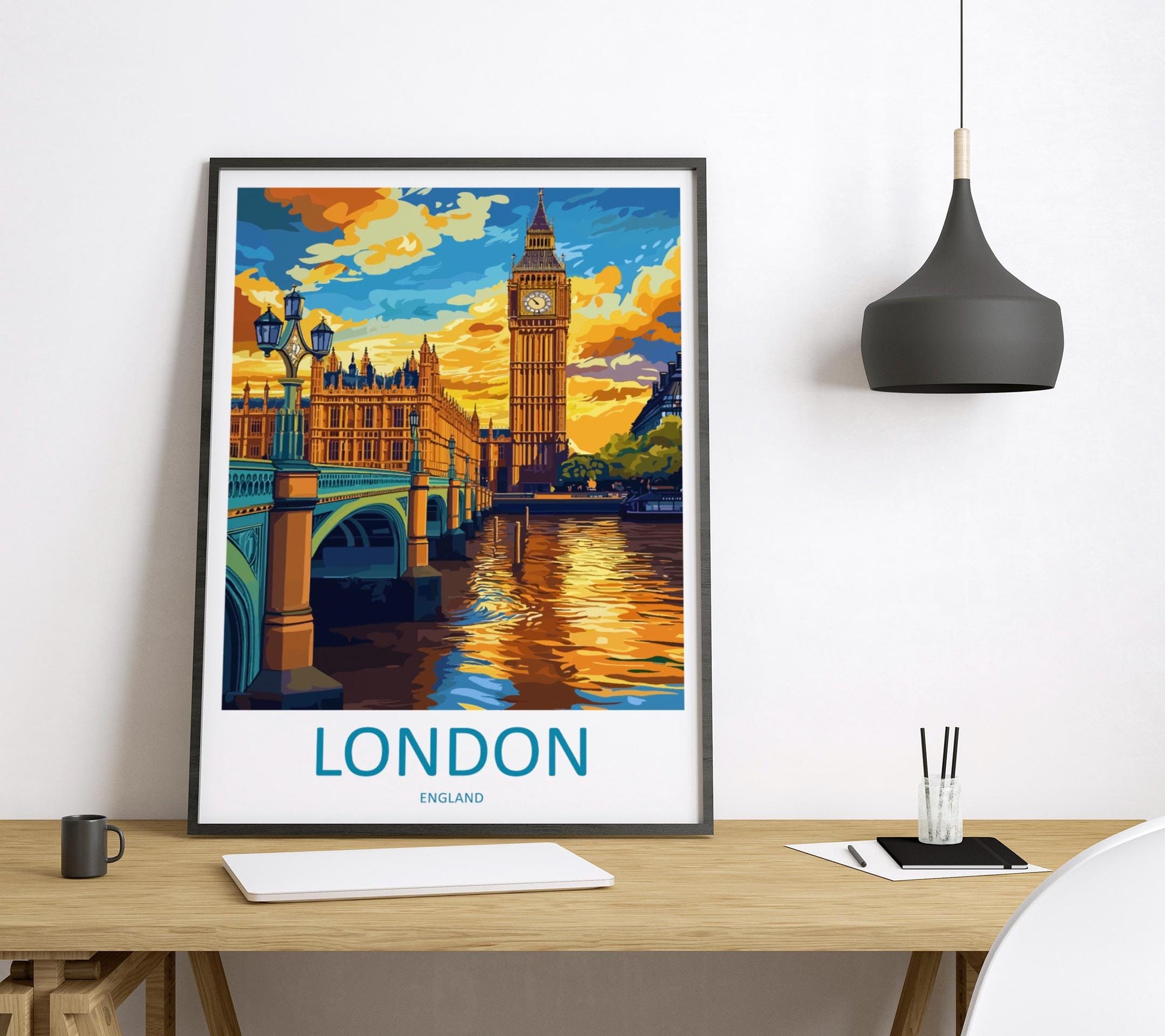 London Travel Poster England Wall Art Cityscape Print Landmark View Illustration Big Ben Decor London Gift Souvenir Scene