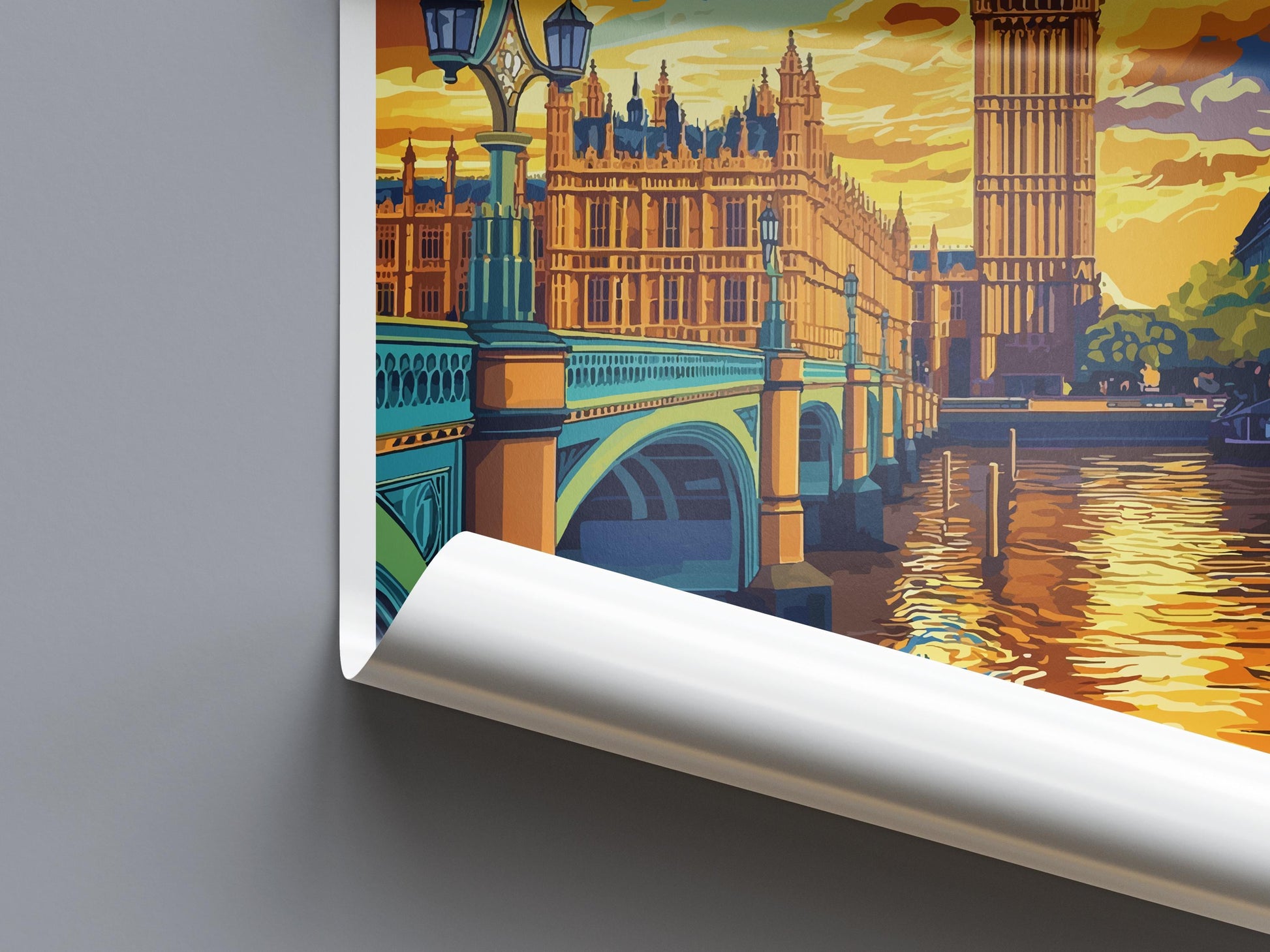 London Travel Poster England Wall Art Cityscape Print Landmark View Illustration Big Ben Decor London Gift Souvenir Scene
