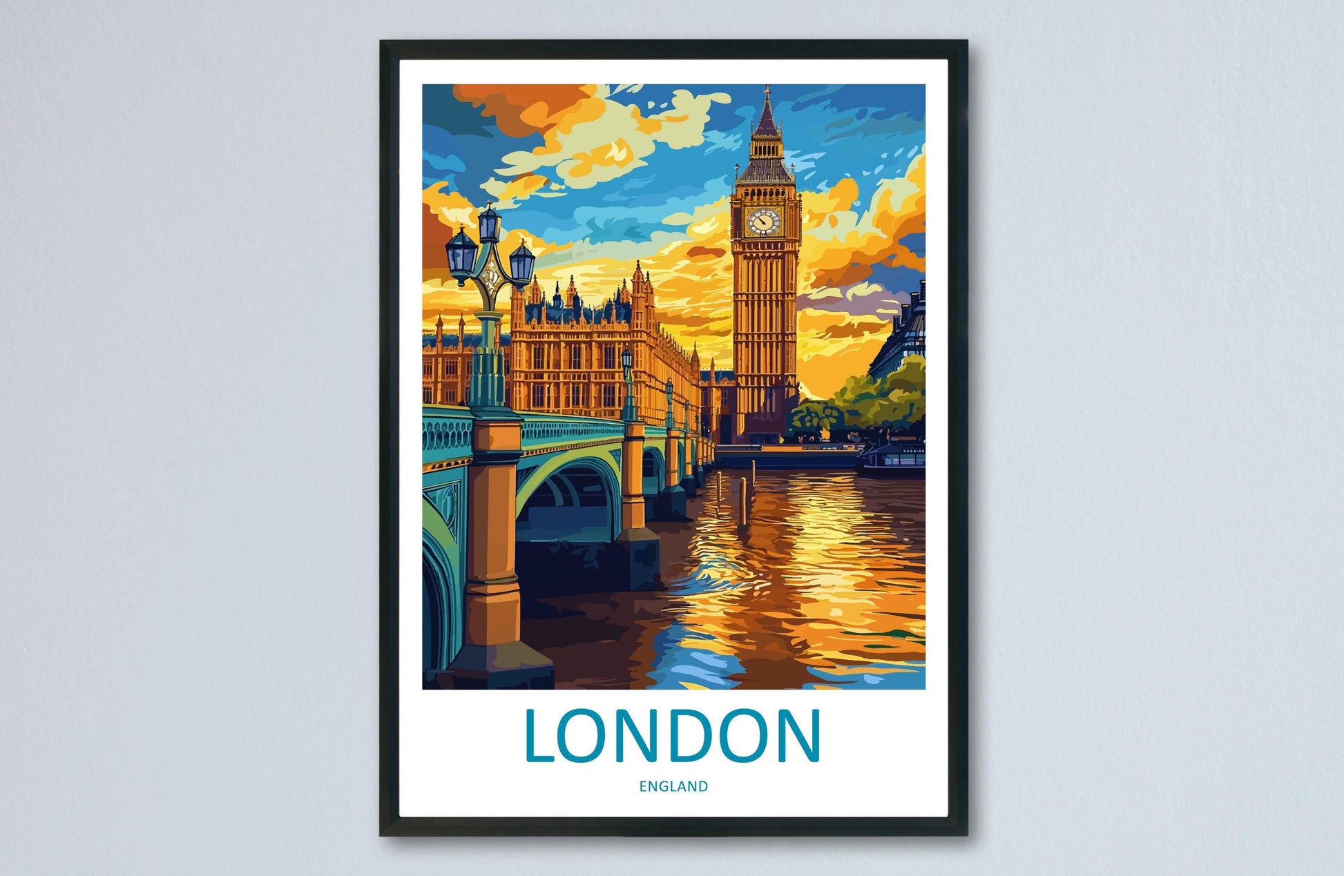 London Travel Poster England Wall Art Cityscape Print Landmark View Illustration Big Ben Decor London Gift Souvenir Scene