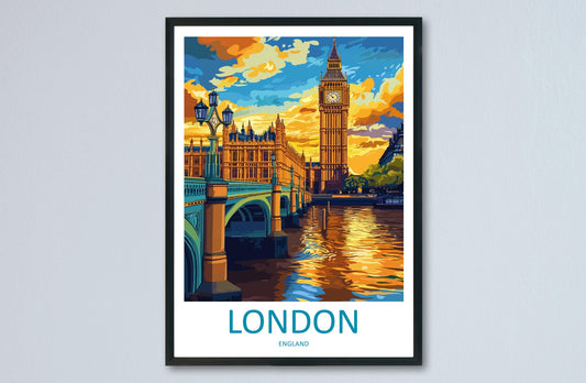 London Travel Poster England Wall Art Cityscape Print Landmark View Illustration Big Ben Decor London Gift Souvenir Scene