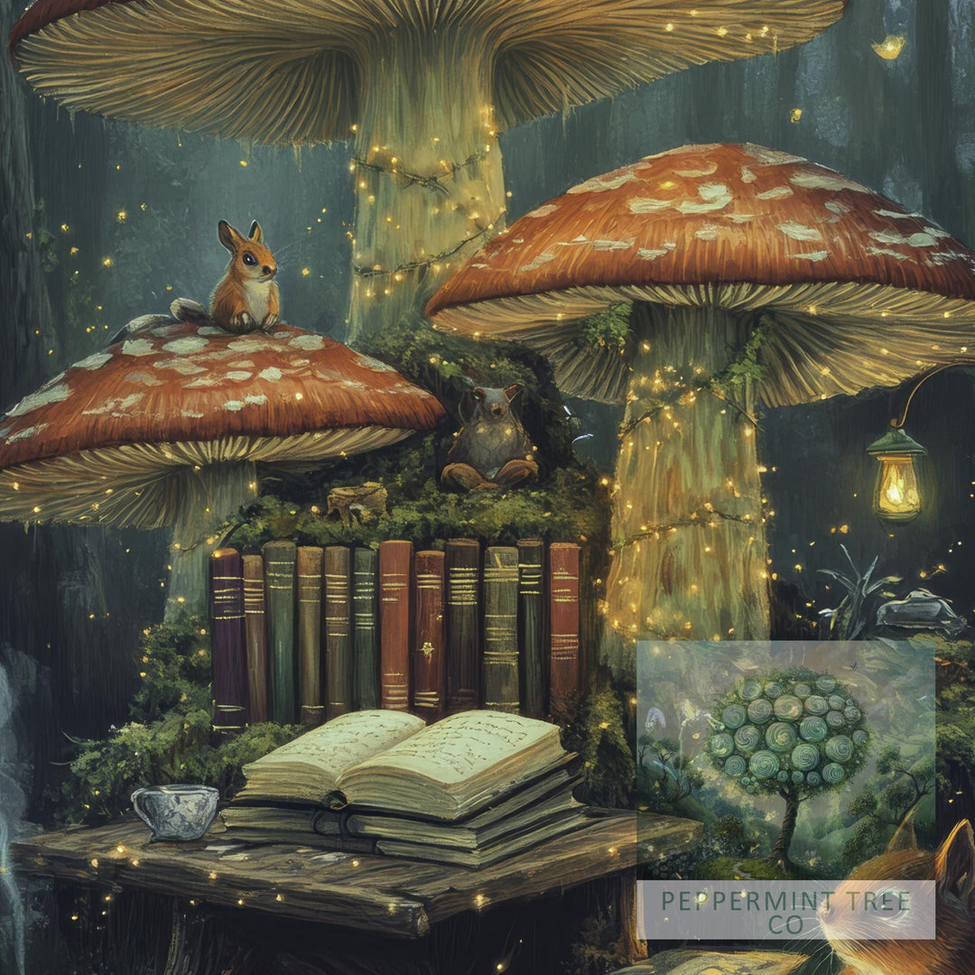 Mushroom Library Print, Vintage Enchanted Forest Art