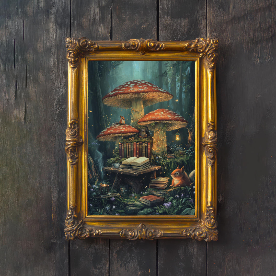 Mushroom Library Print, Vintage Enchanted Forest Art