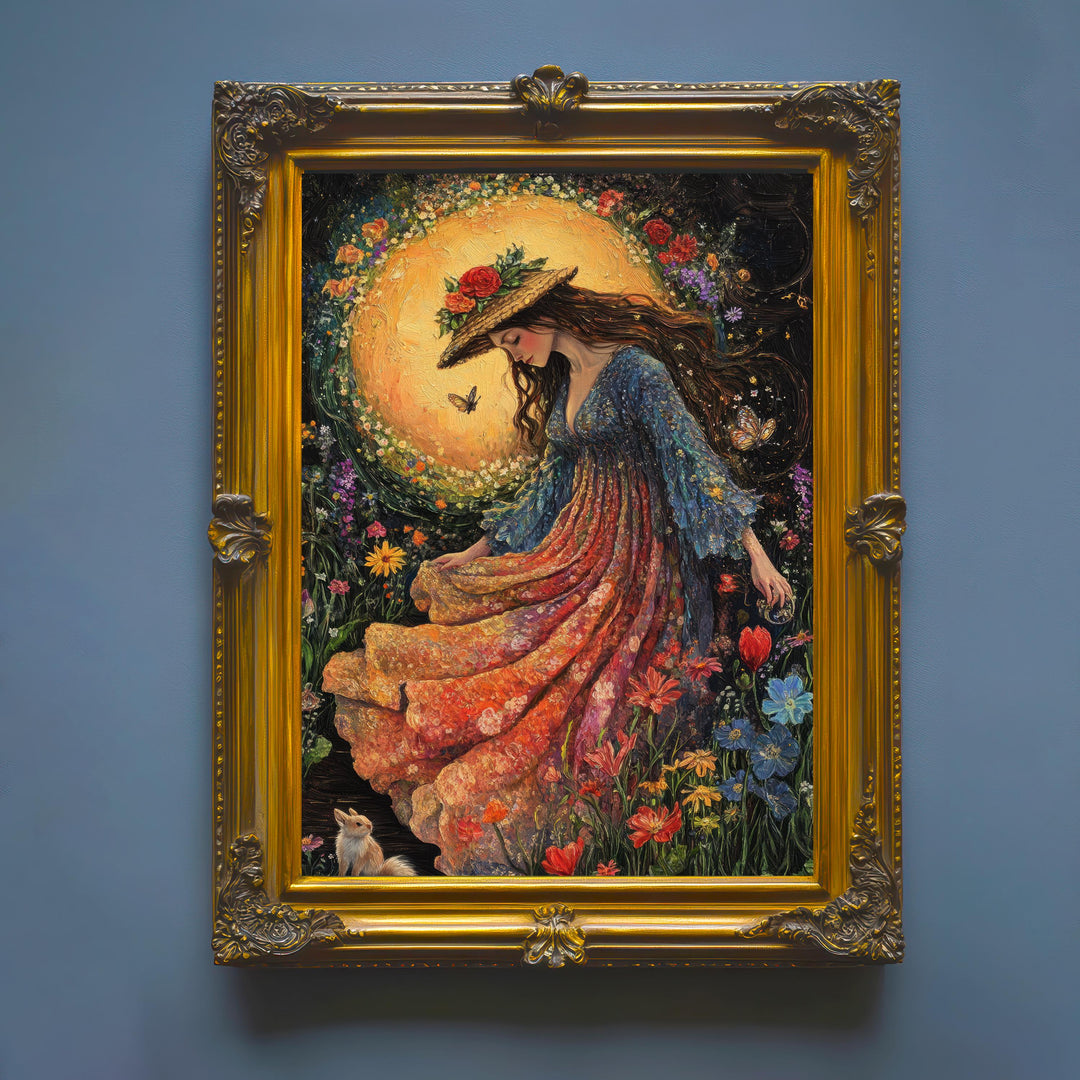 Rainbow Garden Witch Print, Vintage Cottagecore Art