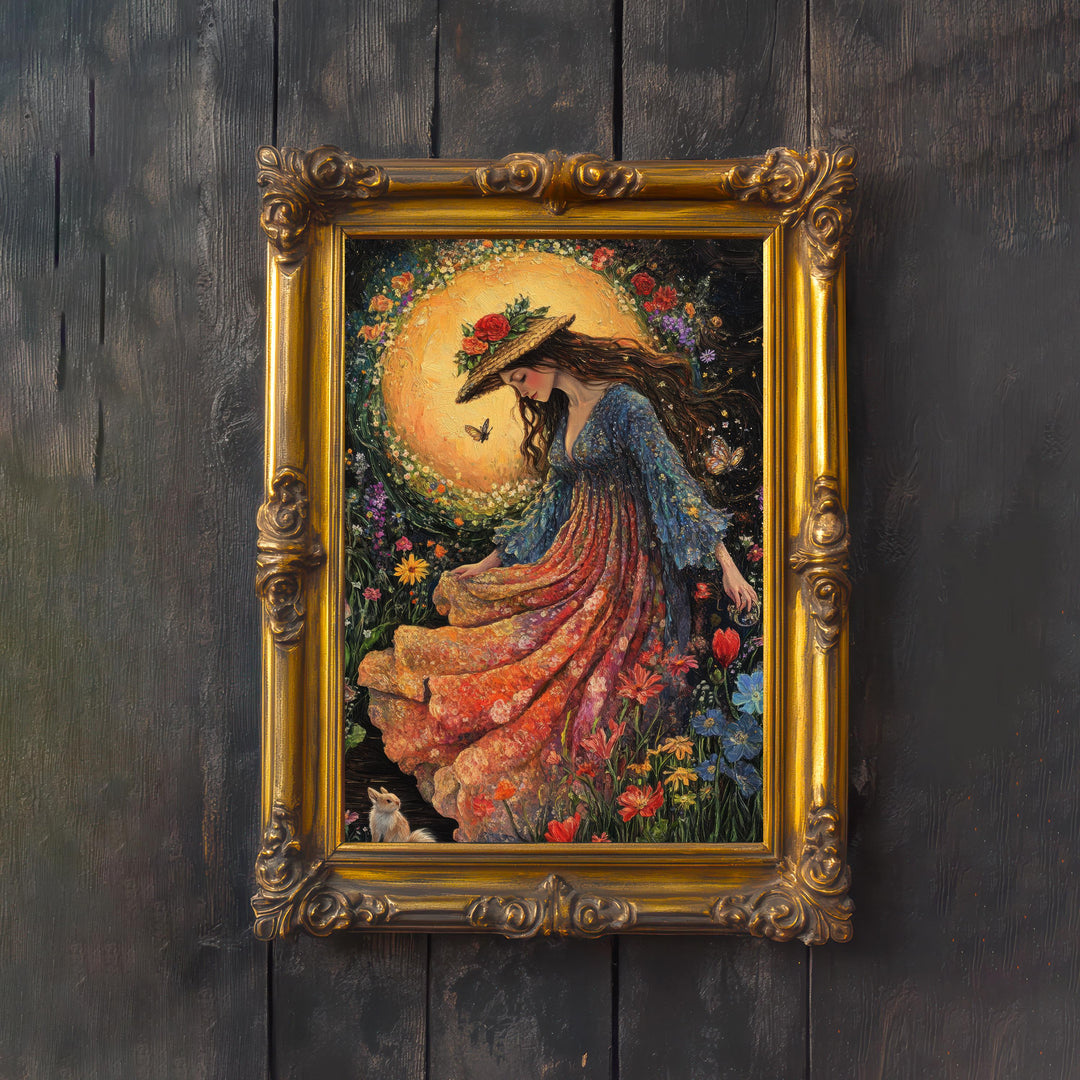 Rainbow Garden Witch Print, Vintage Cottagecore Art
