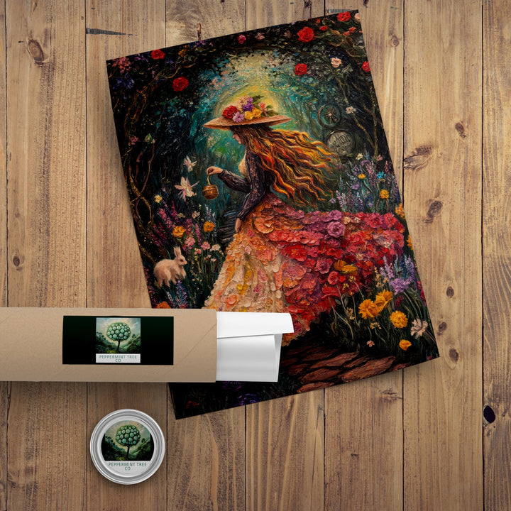 Rainbow Garden Witch Print, Vintage Cottagecore Floral Art