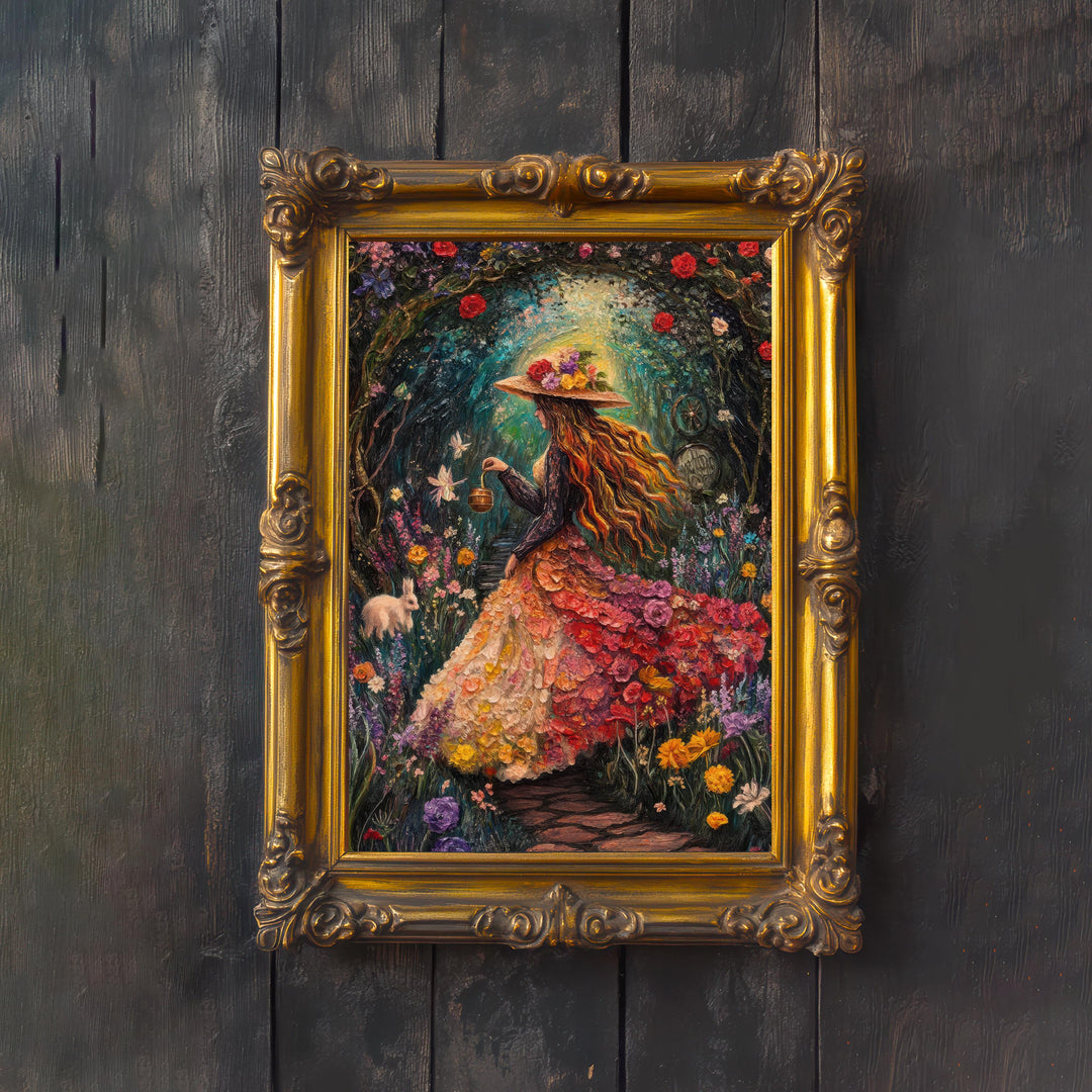 Rainbow Garden Witch Print, Vintage Cottagecore Floral Art