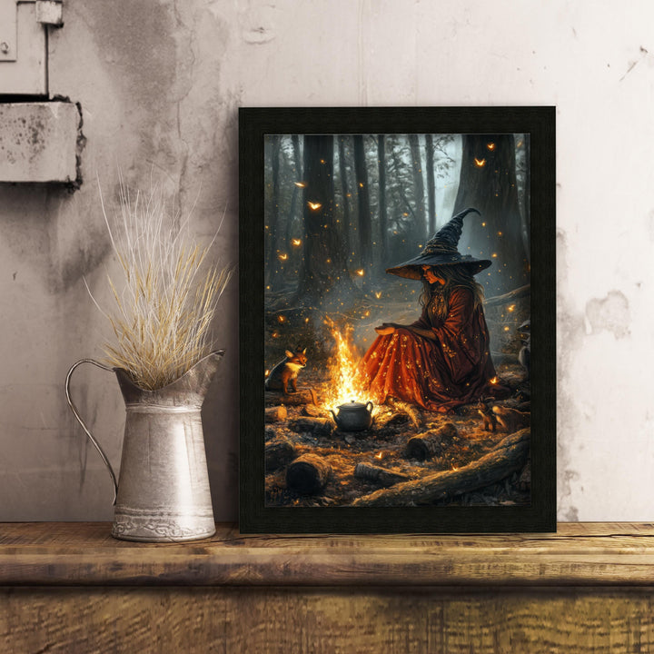 Witch by Firelight Art Print | Vintage Cottagecore Wall Decor