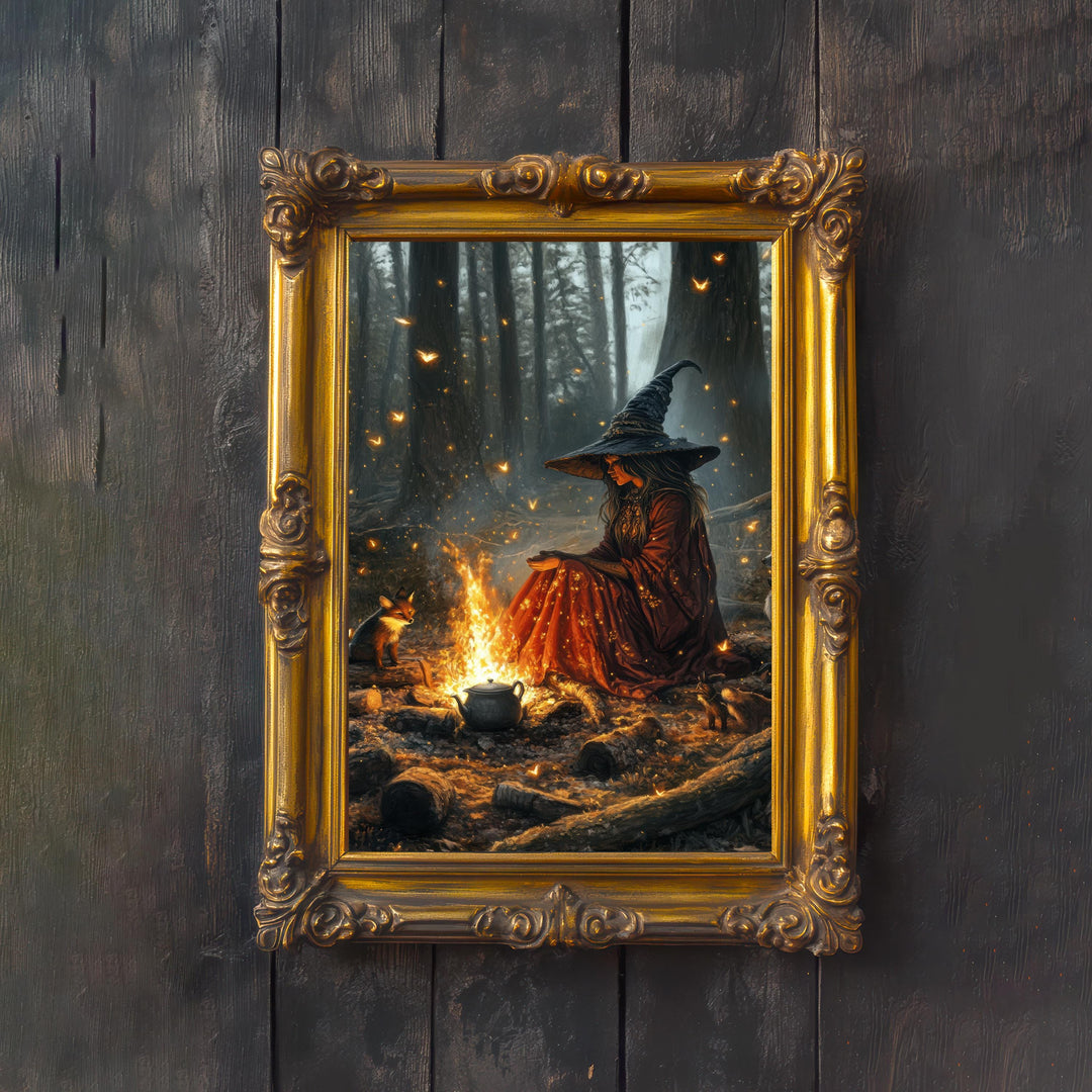 Witch by Firelight Art Print | Vintage Cottagecore Wall Decor