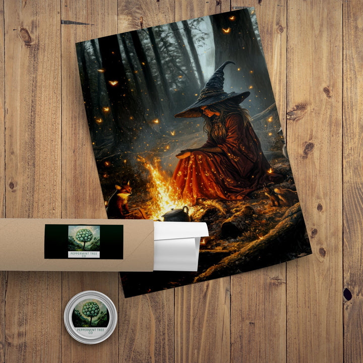 Witch by Firelight Art Print | Vintage Cottagecore Wall Decor
