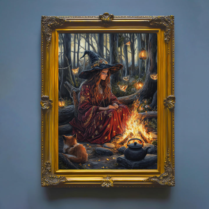 Witch by Firelight Vintage Art Print, Cottagecore Enchanted Hearth