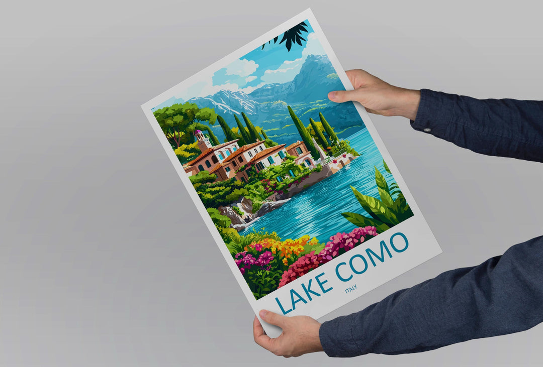 Lake Como Travel Poster Italy Wall Art Waterfront View Print Villa Scene Illustration Alpine Decor Lake Como Gift Souvenir Scene