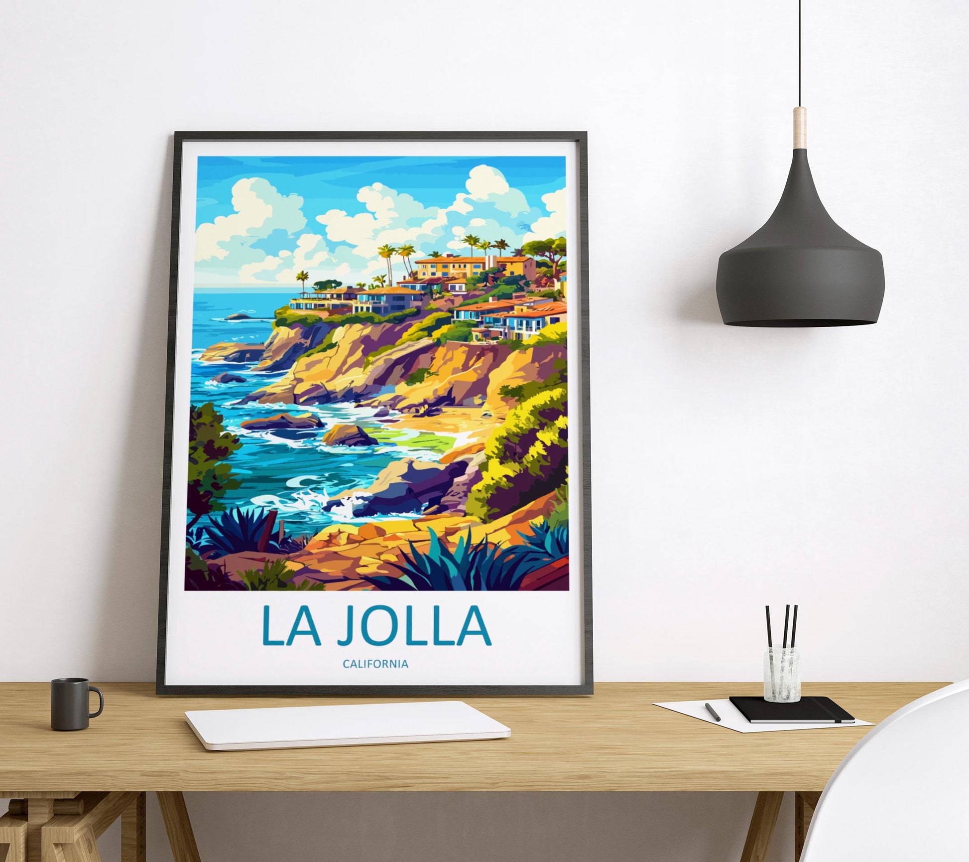 La Jolla Travel Poster California Wall Art Coastal Scene Print Ocean Cliffs View Illustration Beach Decor La Jolla Gift Souvenir