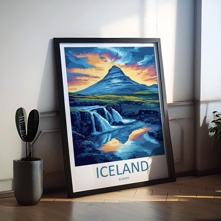 Iceland Travel Poster Nordic Wall Art Landscape Print Waterfall View Illustration Volcanic Decor Iceland Gift Souvenir Scene