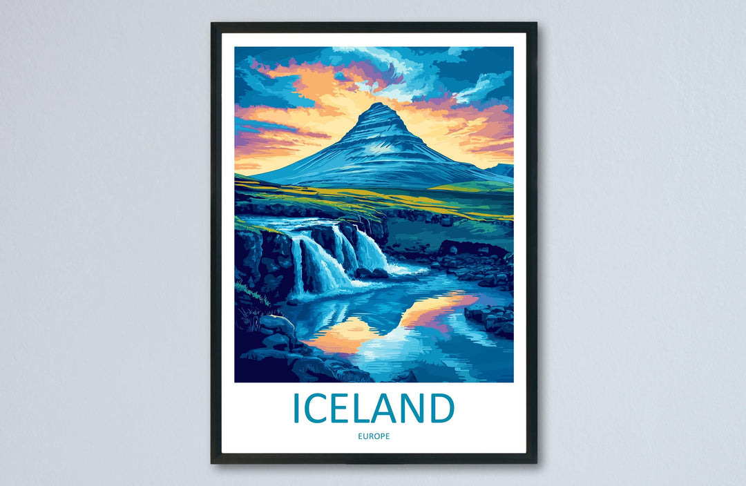 Iceland Travel Poster Nordic Wall Art Landscape Print Waterfall View Illustration Volcanic Decor Iceland Gift Souvenir Scene