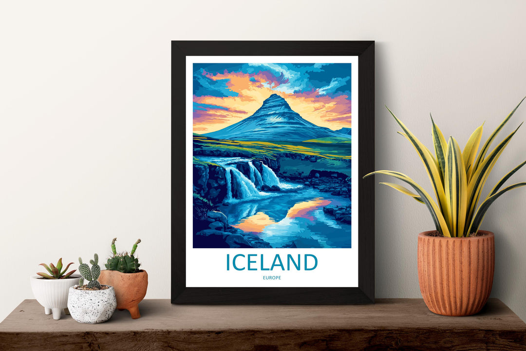 Iceland Travel Poster Nordic Wall Art Landscape Print Waterfall View Illustration Volcanic Decor Iceland Gift Souvenir Scene