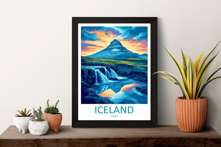 Iceland Travel Poster Nordic Wall Art Landscape Print Waterfall View Illustration Volcanic Decor Iceland Gift Souvenir Scene