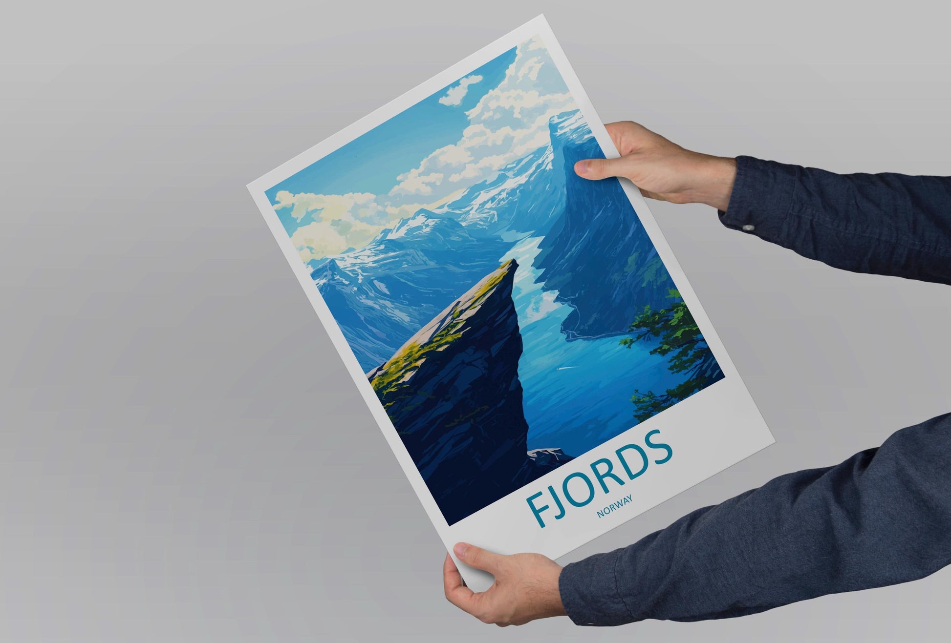 Norway Fjords Travel Poster Nordic Wall Art Coastal Landscape Print Cliff View Illustration Nature Decor Fjord Gift Souvenir Scene