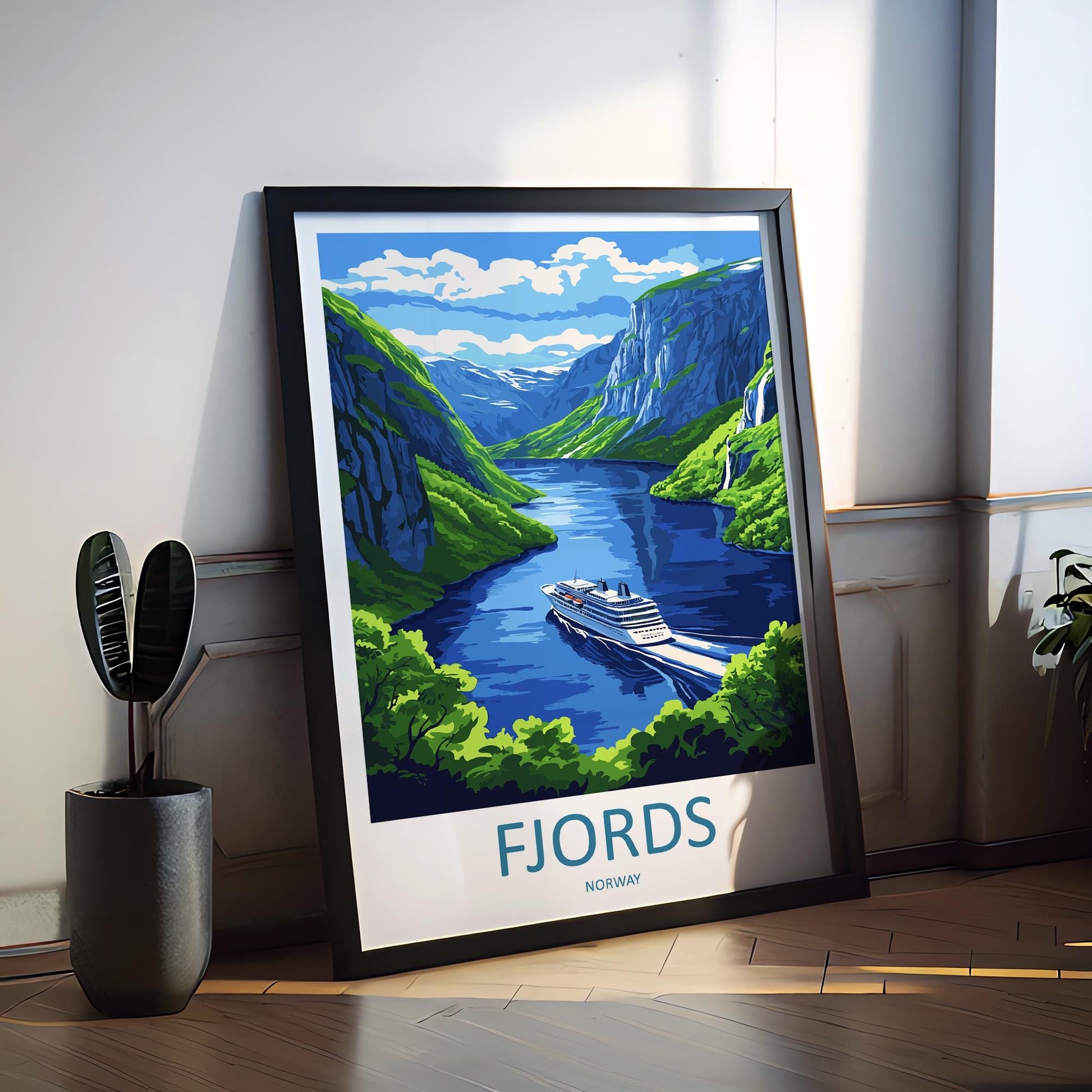 Norway Fjords Travel Poster Nordic Wall Art Coastal Landscape Print Cliff View Illustration Nature Decor Fjord Gift Souvenir Scene