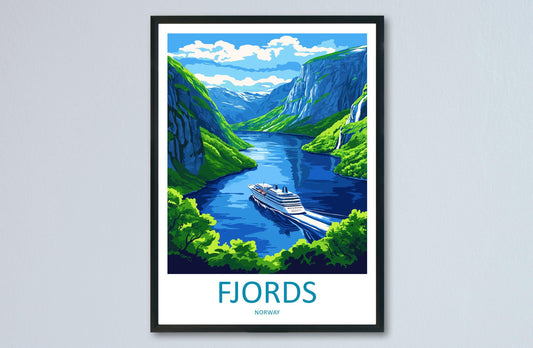 Norway Fjords Travel Poster Nordic Wall Art Coastal Landscape Print Cliff View Illustration Nature Decor Fjord Gift Souvenir Scene