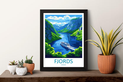 Norway Fjords Travel Poster Nordic Wall Art Coastal Landscape Print Cliff View Illustration Nature Decor Fjord Gift Souvenir Scene