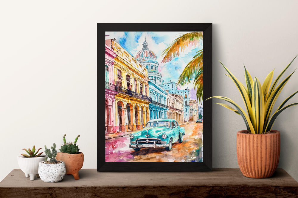 Cuba Watercolor Poster Cuba Travel Print Cuba Wall Art Vintage Car Painting Havana Cityscape Cuba Souvenir Decor