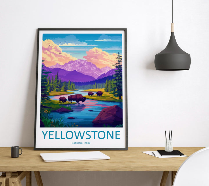 Yellowstone Cartoon Travel Poster National Park Wall Art Wyoming Print Mountain Illustration Nature Decor Yellowstone Souvenir Gift