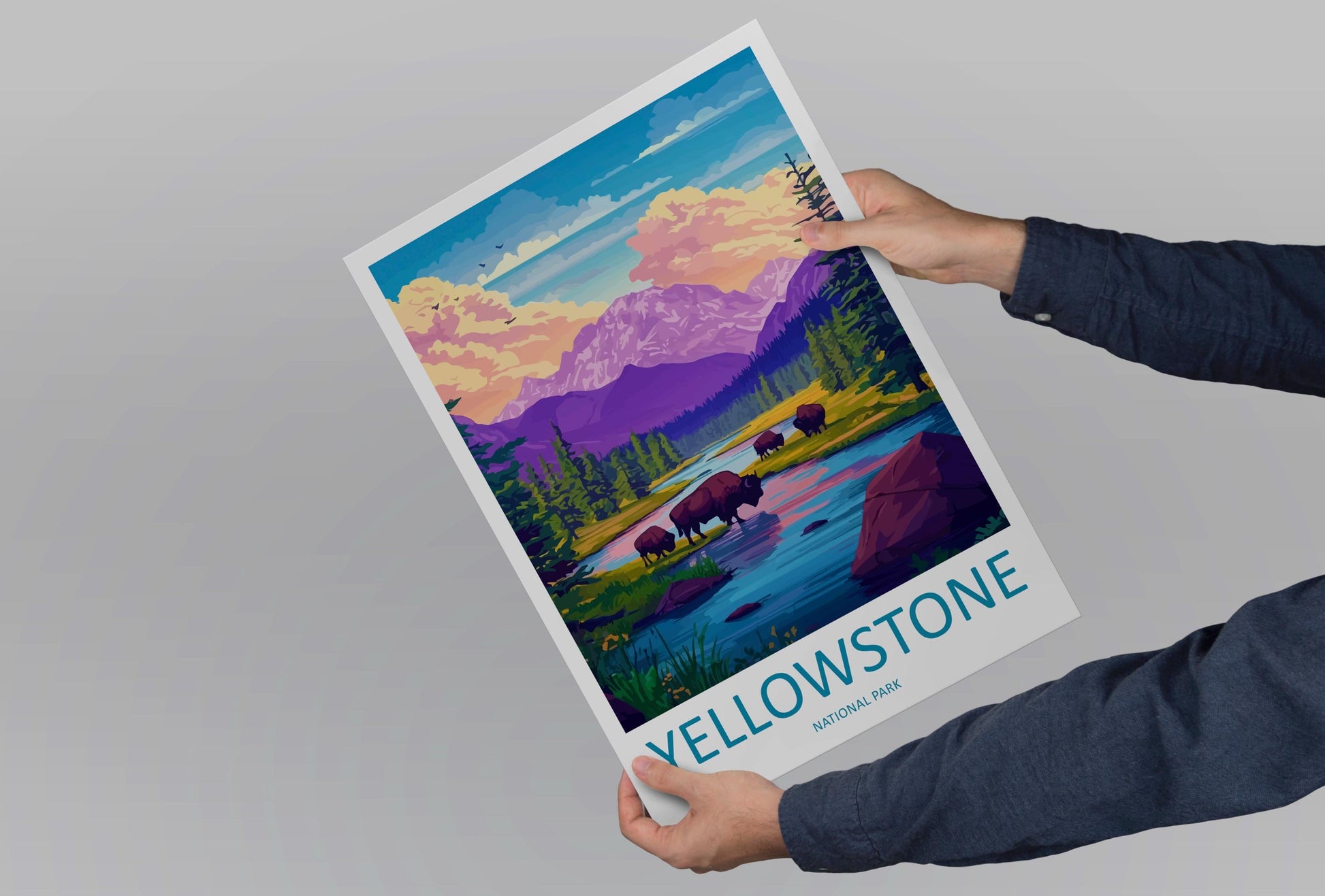 Yellowstone Cartoon Travel Poster National Park Wall Art Wyoming Print Mountain Illustration Nature Decor Yellowstone Souvenir Gift