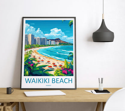 Waikiki Beach Cartoon Travel Poster Hawaii Wall Art Tropical Print Island Illustration Coastal Decor Waikiki Souvenir Gift