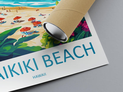Waikiki Beach Cartoon Travel Poster Hawaii Wall Art Tropical Print Island Illustration Coastal Decor Waikiki Souvenir Gift