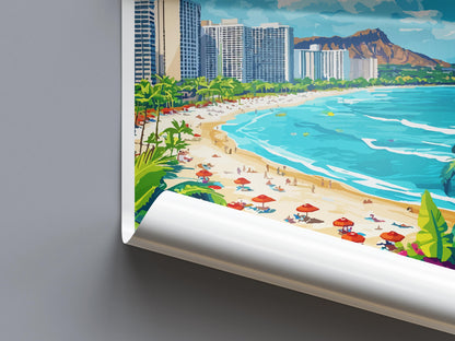 Waikiki Beach Cartoon Travel Poster Hawaii Wall Art Tropical Print Island Illustration Coastal Decor Waikiki Souvenir Gift